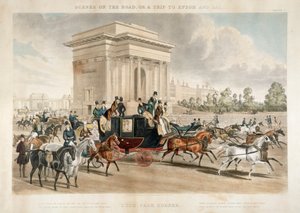 हाइड पार्क कॉर्नर, लंदन, 1838 के साथ घोड़े द्वारा खींची जाने वाली गाड़ियाँ