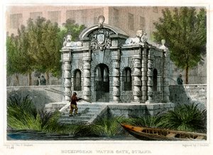 बकिंघम वॉटर गेट, स्ट्रैंड, वेस्टमिंस्टर, लंदन, 1830। द्वारा जे हेंशालो