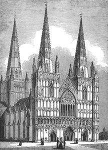 वेस्ट फ्रंट ऑफ़ लिचफील्ड कैथेड्रल, स्टैफ़र्डशायर, c1843 द्वारा जे। जैक्सन