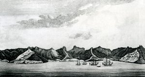 जुआन फर्नांडीस द्वीप पर कंबरलैंड खाड़ी का एक दृश्य, c.1745 (उत्कीर्णन) द्वारा जेएस मेसन