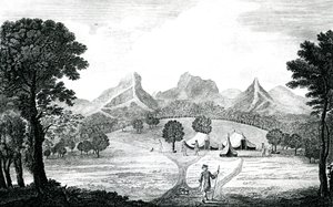 जुआन फर्नांडीस के द्वीप पर कमोडोर तम्बू का एक दृश्य, c.1745 (उत्कीर्णन) द्वारा जेएस मेसन