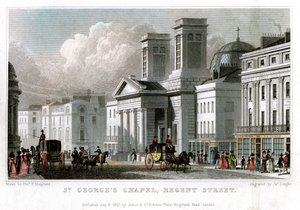 सेंट जॉर्जेस चैपल, रीजेंट स्ट्रीट, वेस्टमिंस्टर, लंदन, 1827।