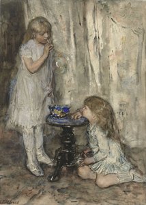 दो लड़कियां आंधी बुलबुले, c.1880 (कागज पर चाक)