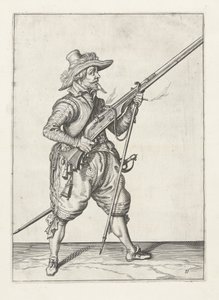 Musketeer अपने furket को नीचे रखते हुए, c.1600