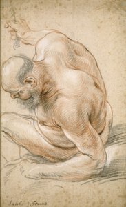 न्यूड ओल्ड मैन बैठा, लीनिंग ऑन हिज फोरम, फेसिंग लेफ्ट, c.1640