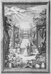 सोसाइटी ऑफ गार्डनर्स द्वारा प्रकाशित हेनरी फ्लेचर (fl। c.1729) द्वारा उकेरी गई 'कैटलॉगस प्लांटारम' से फ्रंटिसपीस द्वारा जैकब वैन (बाद में) हुयसुम