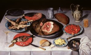 मछली, हैम और चेरी के साथ नाश्ते का टुकड़ा, 1614