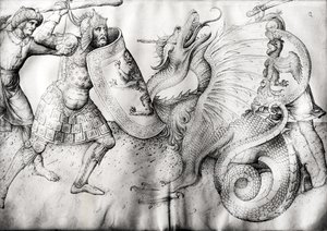 योद्धाओं और एक अजगर के बीच लड़ाई, c.1450 (वेल्लम पर स्याही) द्वारा जैकोपो बेलिनी