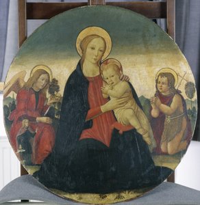 मैडोना एंड चाइल्ड विथ आर्कान्गेल राफेल और सेंट जॉन, c.1490 (चिनार की लकड़ी पर तड़का)
