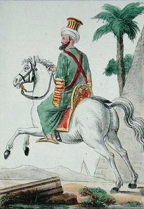 1801 में मिस्र के काहिरा से एक मामेलुक, कलाकार द्वारा 'वॉयेज पिटोरेस्क डान्स लेस क्वाट्रे पार्ट्स डू मोंडे' का चित्रण