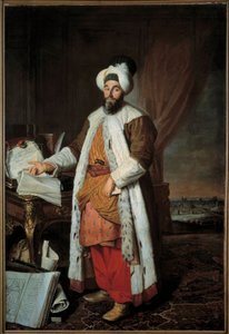 1742 में वर्साय में सुल्तान महमूद (महमूद) I के राजदूत मेहमत सैद पाशा बे डे रूमेली का पूर्ण-लंबाई वाला चित्र जैक्स आंद्रे जोसेफ एवे द्वारा पेंटिंग, डिट ले कैमलॉट या अवेट ले बाटेवे (1702-1766)