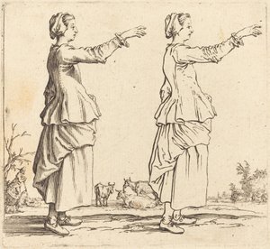किसान महिला, प्रोफ़ाइल में, दाहिनी ओर मुड़ी हुई, भुजा विस्तारित, 1617 और 1621 के साथ। द्वारा जैक्स कैलोट