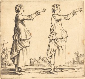 किसान महिला, प्रोफ़ाइल में, दाहिनी ओर मुड़ी हुई, भुजा विस्तारित, 1617 और 1621 के साथ। द्वारा जैक्स कैलोट
