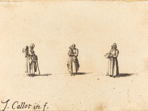 तीन महिलाएं, एक बच्चे को गोद में लिए हुए, संभवत: 1634। द्वारा जैक्स कैलोट