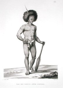 पापुआ द्वीप समूह: लेप्रोसी विक्टिम, 'वॉयेज ऑटोर डू मोंडे (1817-20)' से, लुई क्लाउड डेसौल्स डी फ़्रीसिनेट (1779-1842) द्वारा उत्कीर्ण, फॉरगेट द्वारा उकेरा गया, 1822-24 (लिथो) में प्रकाशित हुआ।
