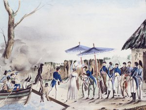 1927 में प्रकाशित at जर्नल ऑफ ट्रैवलिंग द वर्ल्ड ऑन यूरेनिया, 1817-1820 ’के फ्रायर्सिन और उनके पति का आगमन डेली, तिमोर में