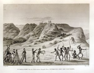 शार्क बे, पेरोन प्रायद्वीप, न्यू हॉलैंड: नेटिव्स के साथ बैठक, &39;यात्रा अराउंड द वर्ल्ड ऑफ द कॉरेवेट्स ऑन यूरेनिया 1817-20&39; द्वारा डुप्रे द्वारा उत्कीर्ण, 1825 प्रकाशित