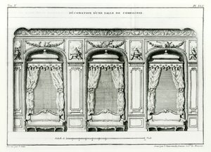 एक स्मार्ट पेरिसियन ड्रॉइंग रूम, 1770 के शुरू में कोर्ट डी आक्रिटेक्ट्योर, पेरिस, ब्लोंडेल, जैक्स-फ्रेंकोइस (1705-74) श्रृंखला से 6 संस्करणों में प्रकाशित, उनकी मृत्यु के बाद पियरे पट्टे द्वारा पूरा