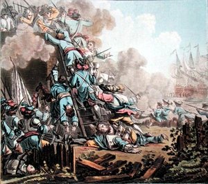 सैन साल्वाडोर, सिसिली (1674) के किले पर कब्जा, जीन बैप्टिस्ट मोरेट द्वारा उकेरा गया (fl.1790-1820)