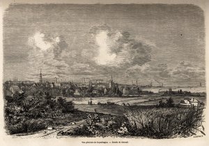 कोपेनहेगन का सामान्य दृश्य, 1860 में जेएम दारगौड की डेनमार्क (1800-1860) की यात्रा को चित्रित करने के लिए जैक्स गिआउड (1810-1876) द्वारा चित्रित। एडौर्ड चार्टन द्वारा संपादित "" ले टूर डू मोंडे" में उत्कीर्णन