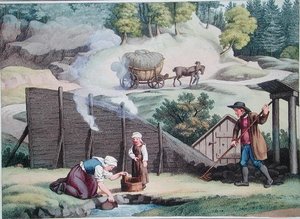 ऑस्ट्रिया में लकड़ी का कोयला बनाना, पेरिस 1821 में प्रकाशित अलेक्जेंड्रे डी लेबोर्डे द्वारा 'वॉयेज पिटोरेस्क एन ऑट्रिच' से चित्रण (रंग उत्कीर्णन) द्वारा जेकब (बाद में) गौरमन्न