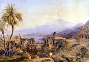 सिसिली में ताओरमिना: खंडहर और एटना। जैकब सटर द्वारा पेंटिंग, लगभग 1850। द्वारा जकोब्यूटर