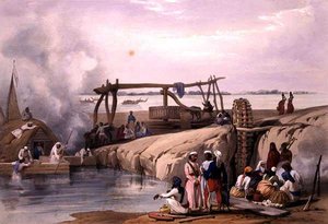हेनरी ग्रेव्स द्वारा प्रकाशित चार्ल्स हाघे (1810-88) और लुई हाघे (1806-85) द्वारा उकेरी गई 'स्केच इन अफ़ग़ानिस्तान' से पंजाब में सतलेज नदी पर एक दृश्य द्वारा जेम्स (बाद में) एटकिंसन