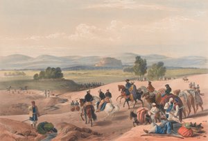 'द अप्रोच टू द फोर्ट्रेस ऑफ क्वेटा [sic]', c.1839 (लिथोग्राफ, रंगा हुआ) द्वारा जेम्स (बाद में) एटकिंसन
