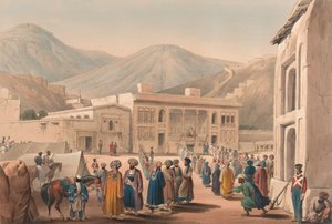'शाह शूजाह-उल-मूलक का दरबार-खानेह, काबौल में [sic]', c.1840 (लिथोग्राफ, रंगा हुआ) द्वारा जेम्स (बाद में) एटकिंसन