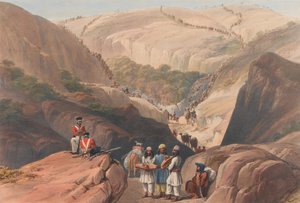 'द फर्स्ट डिसेंट थ्रू द कूजा [sic] पास', c.1839 (लिथोग्राफ, टिंटेड) द्वारा जेम्स (बाद में) एटकिंसन