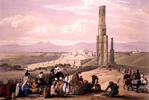 हेनरी ग्रेव्स द्वारा प्रकाशित चार्ल्स हाघे (1810-88) और लुई हाघे (1806-85) द्वारा उकेरी गई 'स्केच इन अफ़ग़ानिस्तान' से घुंज़ी का किला और गढ़ और दो मीनारें द्वारा जेम्स (बाद में) एटकिंसन