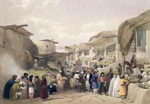 हेनरी ग्रेव्स द्वारा प्रकाशित चार्ल्स हाघे (1810-88) और लुई हाघे (1806-85) द्वारा उकेरी गई 'स्केच इन अफ़ग़ानिस्तान' से फलों के मौसम में काबुल में बाज़ार में मुख्य सड़क द्वारा जेम्स (बाद में) एटकिंसन
