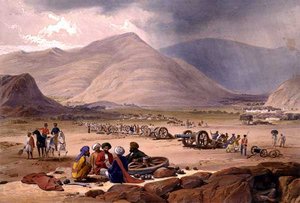 हेनरी ग्रेव्स द्वारा प्रकाशित चार्ल्स हाघे (1810-88) और लुई हाघे (1806-85) द्वारा उकेरी गई 'स्केच इन अफ़ग़ानिस्तान' से उरघुंडी का गाँव द्वारा जेम्स (बाद में) एटकिंसन
