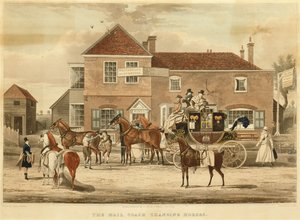 मेल कोच चेंजिंग हॉर्स, c.1825 (उत्कीर्णन) द्वारा जेम्स (बाद में) पोलार्ड
