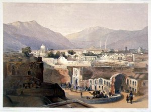 सरदार के घर से कंधार शहर का आंतरिक भाग 'मीर दिल खां' काबुल के राजा के भाई, आर कैरिक द्वारा उकेरी गई 'सीनरी, इनहैबिटेंट्स एंड कॉस्ट्यूम्स ऑफ अफगानिस्तान' की प्लेट 23 (c.1829-1904) द्वारा जेम्स (बाद में)