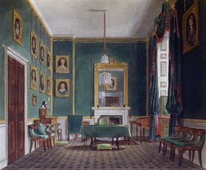 ग्रीन विदड्रिंग रूम, डेनियल हैवेल द्वारा उत्कीर्णन (1785-1826), जेम्स स्टेफनॉफ द्वारा डिजाइन के आधार पर (सीए 1788-1874), द हिस्ट्री ऑफ द रॉयल रेजिडेंस से