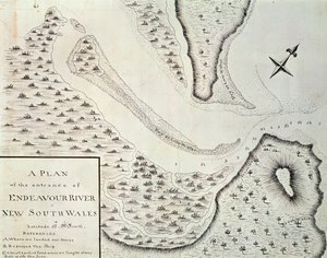 एंडेवर नदी के प्रवेश द्वार का नक्शा, 1768 और 1771, ऑस्ट्रेलिया के बीच जेम्स कुक (1728-1779) के नेतृत्व में पहली यात्रा के खाते से नक्शा