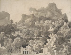 शास्त्रीय इमारतों के साथ चट्टानी परिदृश्य, c.1745 (कागज पर धोने के साथ कलम और स्याही) द्वारा जेम्स डीकन