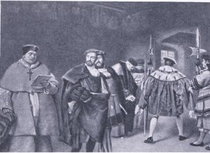 किंग हेनरी VIII द्वारा कार्डिनल वोल्सी का खारिज, वेस्ले बुक कंपनी द्वारा प्रकाशित ब्रिटिश लोगों के कैसल्स इतिहास से, c.1950s द्वारा जेम्स ड्रोमगोले लिंटन