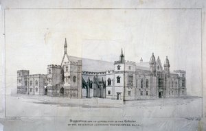 वेस्टमिंस्टर हॉल, लंदन, c1825 से सटे भवनों में परिवर्तन के लिए सुझाव। द्वारा जेम्स डफ़िल्ड हार्डिंग