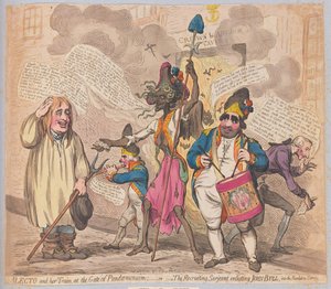 Alecto और उसकी ट्रेन Pandemonium के गेट पर या द रिक्रूटिंग सार्जेंट, जॉन बुल को क्रांति सेवा, पब में भर्ती कराती है। (हाथ के रंग की नक्काशी)