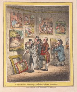 जॉर्ज मोरलैंड्स, पब के संग्रह की जांच करने वाले पारखी। 1807 (हाथ के रंग का उत्कीर्णन)