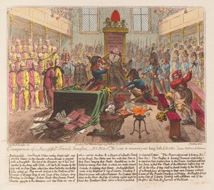 एक सफल फ्रांसीसी आक्रमण पब के परिणाम। 1798 (हाथ के रंग की नक्काशी)