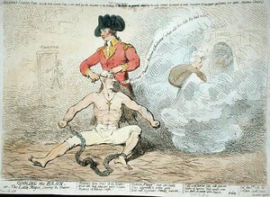कूलिंग द ब्रेन, या द लिटिल मेयर शेविंग द शेवर, जे. ऐटकेन द्वारा 1789 में प्रकाशित (हाथ से रंगी हुई नक़्क़ाशी) द्वारा जेम्स गिलियरे