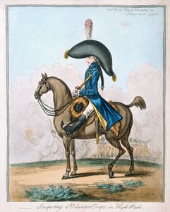 हाइड पार्क में एक स्वयंसेवी कोर का निरीक्षण, 1803 में हन्ना हम्फ्री द्वारा प्रकाशित (हाथ से रंग की नक़्क़ाशी)