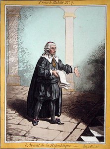 1798 में हन्ना हम्फ्री द्वारा प्रकाशित 'फ्रेंच हैबिट्स' से ल'एवोकैट डे ला रिपब्लिक, प्लेट 7 (रंगीन नक़्क़ाशी) द्वारा जेम्स गिलियरे