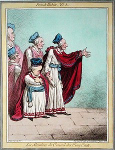 लेस मेम्ब्रेस डू कॉन्सिल डेस सिंक सेंट्स, 'फ्रेंच हैबिट्स' की प्लेट 3, 1798 में हन्ना हम्फ्री द्वारा प्रकाशित (रंगीन नक़्क़ाशी) द्वारा जेम्स गिलियरे