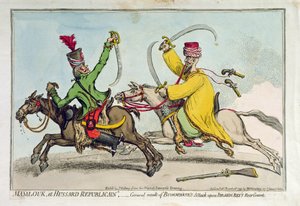 मामलूक एट हुसार्ड रिपब्लिकन, या इब्राहिम बेय (1735-1817) रियर गार्ड पर बोनापार्ट के हमले का सामान्य परिणाम, 1799 में हन्ना हम्फ्री द्वारा प्रकाशित (हाथ से रंगीन नक़्क़ाशी)