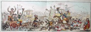 चुनाव के लिए पोस्टिंग: ब्रेंटफोर्ड के लिए सड़क पर एक दृश्य, 1806 में हन्ना हम्फ्री द्वारा प्रकाशित (हाथ से रंगी नक़्क़ाशी) द्वारा जेम्स गिलियरे