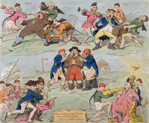 1793 में हैना हम्फ्रे द्वारा प्रकाशित सैंस-क्यूलोट्स फीडिंग ब्रेड ऑफ लिबर्टी के साथ यूरोप में प्रकाशित, (हाथ से रंगने वाली ईटिंग